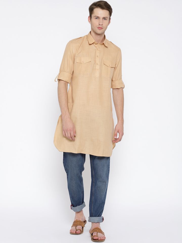 Gatha Men Beige Solid Pathani Kurta