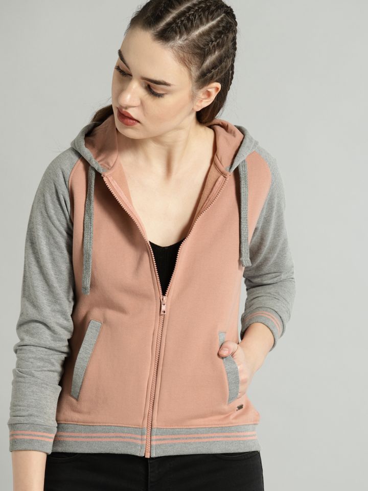 Roadster Women Pink Grey Colourblock Hooded Sweatshirt