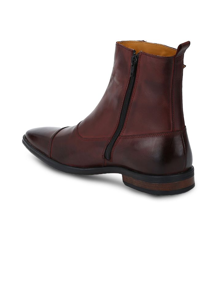 DEL MONDO Men Maroon Solid Leather Mid Top Flat Boots