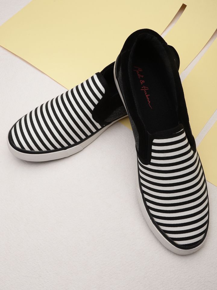 Mast Harbour Men Black White Striped Slip On Sneakers
