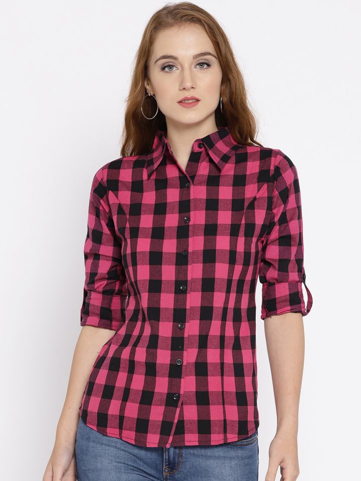 Cation Women Pink Black Checked Casual Shirt