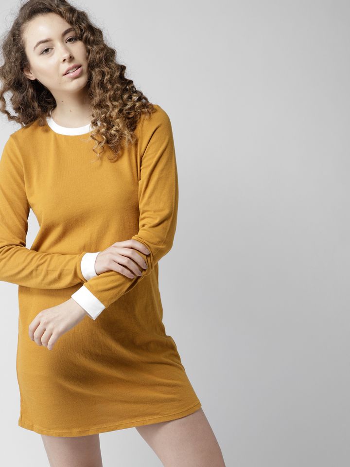 FOREVER 21 Women Mustard Brown Solid T shirt Dress