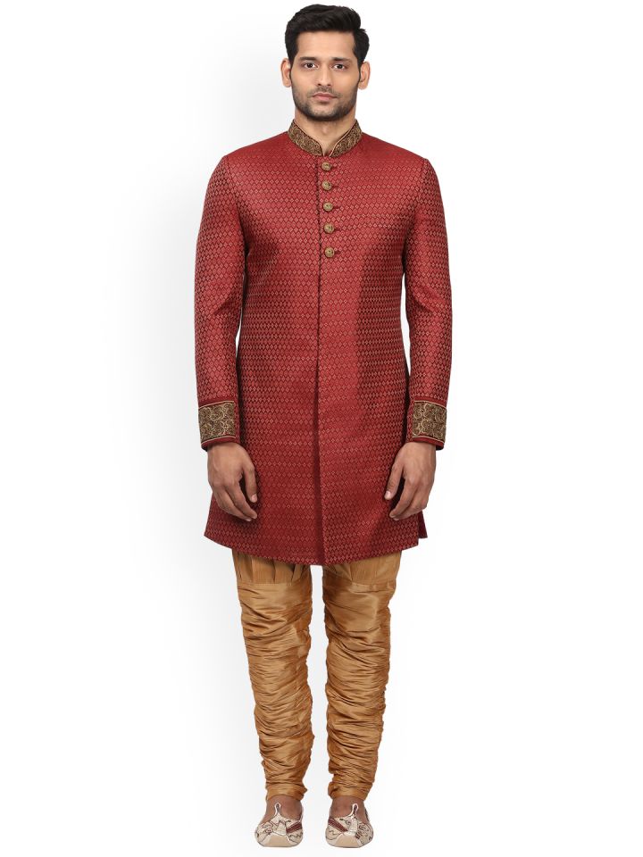 Buy Ethnix By Raymond Red Gold Toned Ethnic Embroidered Sherwani