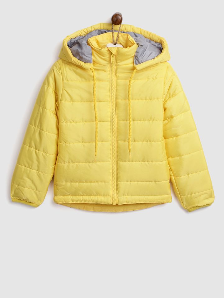 YK Girls Yellow Solid Padded Jacket with Detachable Hood