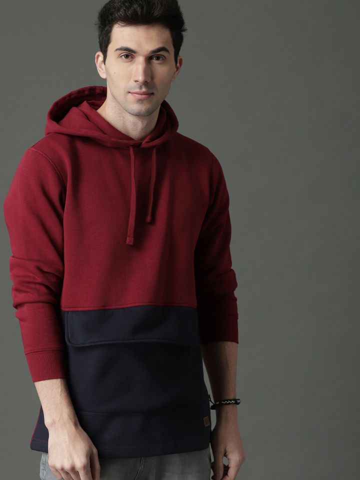 Roadster Men Maroon Navy Blue Colourblocked Hooded Sweatshirt