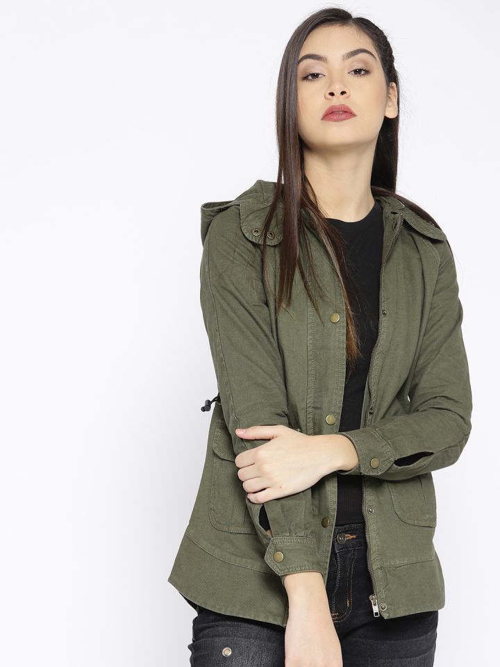 Buy Roadster Women Olive Green Solid Hooded Denim Jacket Jackets