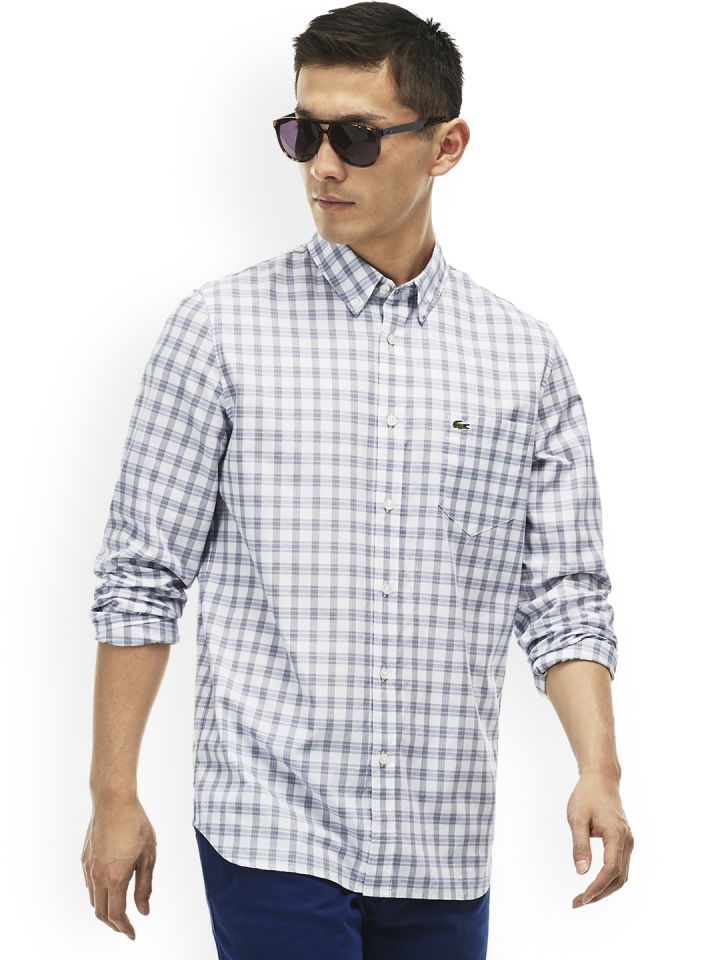 Buy Lacoste Men White Grey Regular Fit Checked Casual Shirt