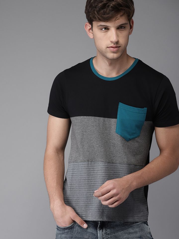 Teal Grey Colourblocked Round Neck 
