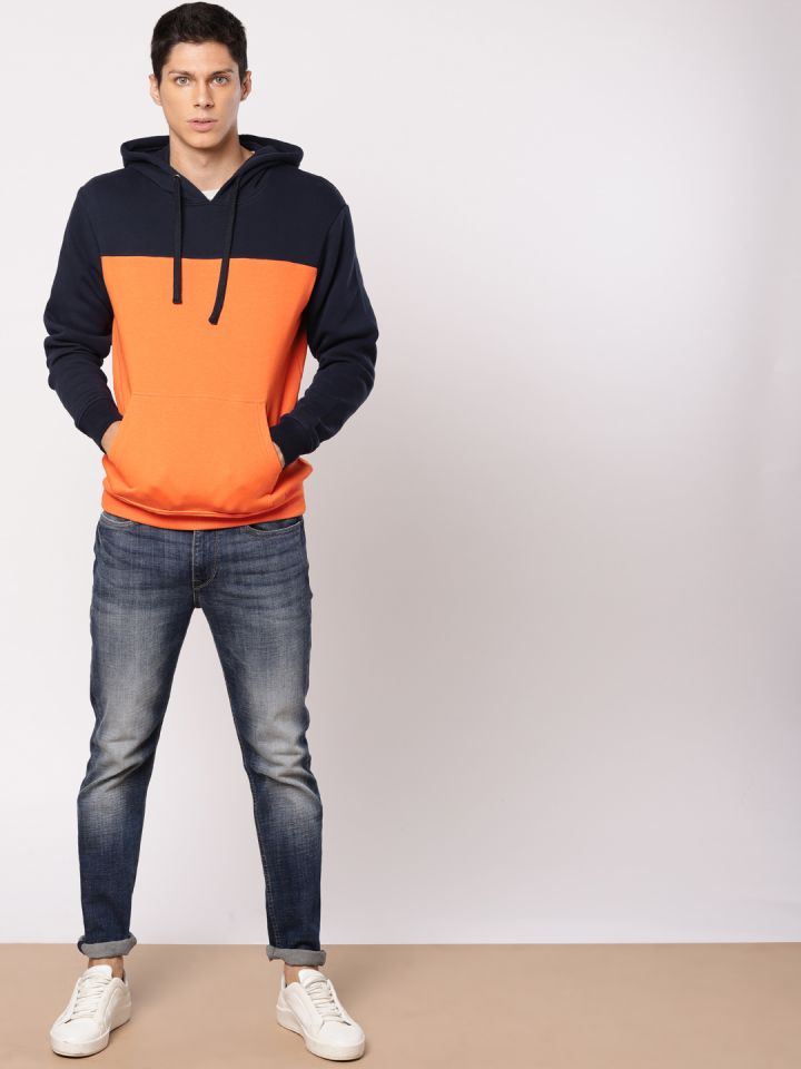 Buy Ether Men Navy Blue Orange Colourblocked Sweatshirt