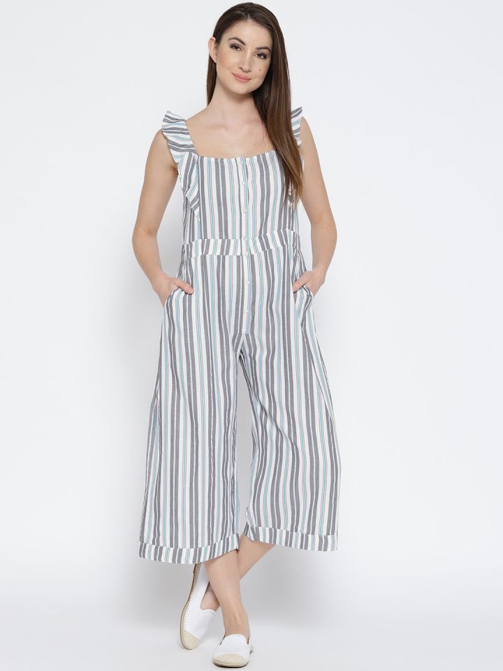 white and grey striped jumpsuit