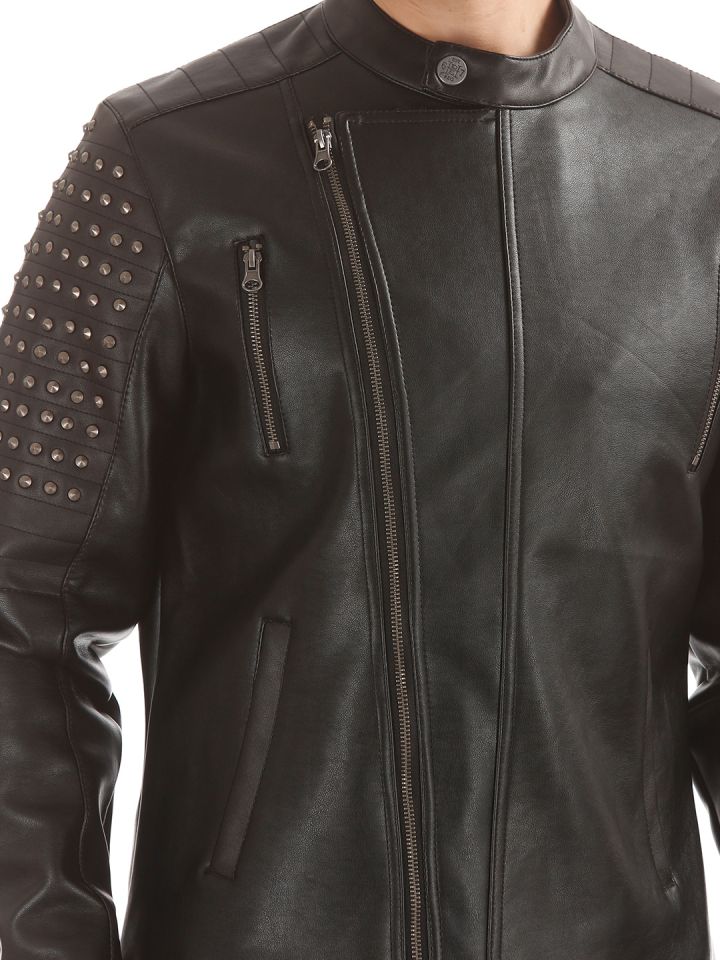 Buy Ed Hardy Men Black Brown Embellished Biker Jacket Jackets