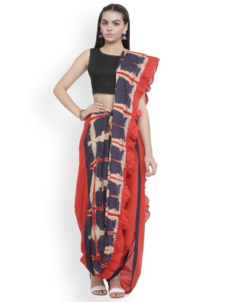 Rustorange Navy Blue Red Tie Dye Semi Stiched Dhoti Saree