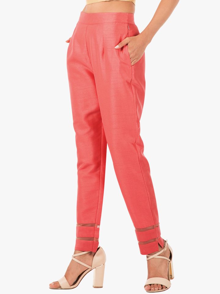 INDYA Women Coral Slim Fit Solid Cigarette Trousers