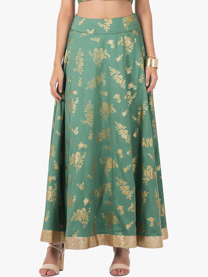 Buy Indya Women Sea Green Gold Toned Printed A Line Maxi Skirt Skirts For Women 6610859 Myntra