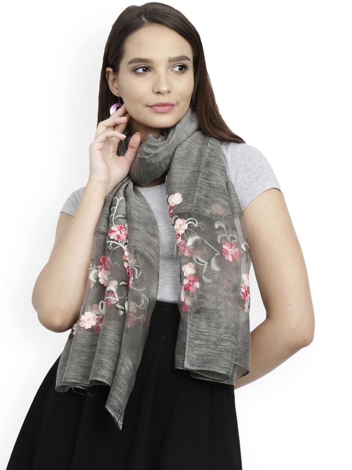 Buy FabSeasons Grey Embroidered Scarf