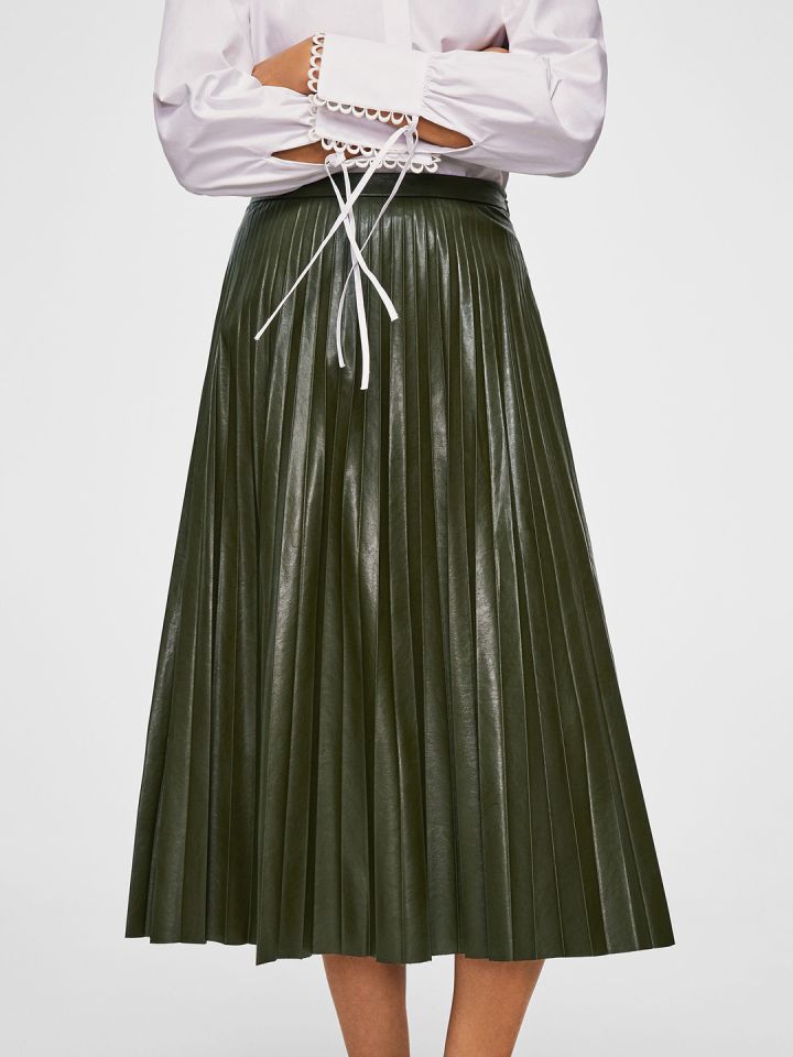 Green leather on sale pleated midi skirt
