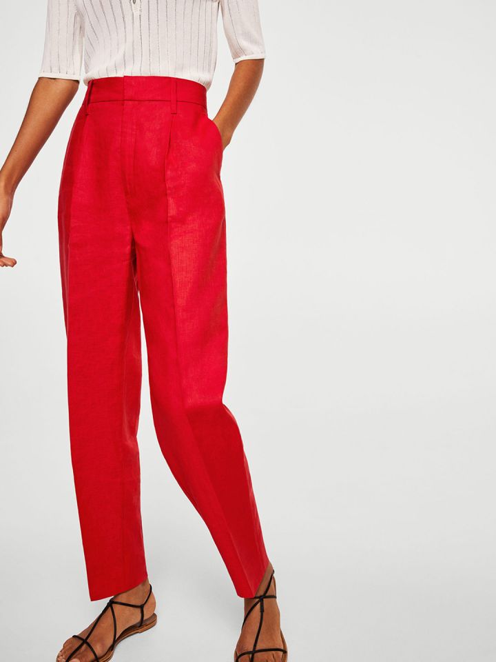 Red Cotton Linen Pencil Pants Design by Divya Jain at Pernias Pop Up Shop  2023