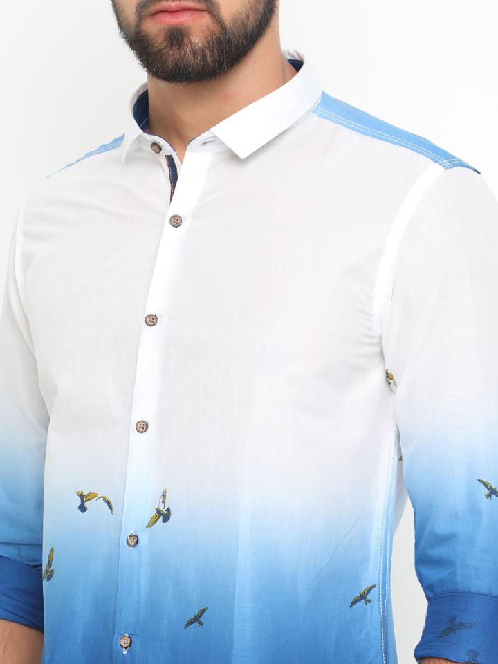 WITH Men White Blue Slim Fit Faded Casual Shirt