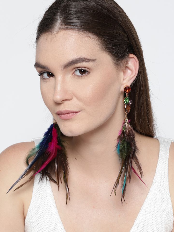 Buy ChicMela Pink Blue Gold Plated Feather Shaped Drop Earrings