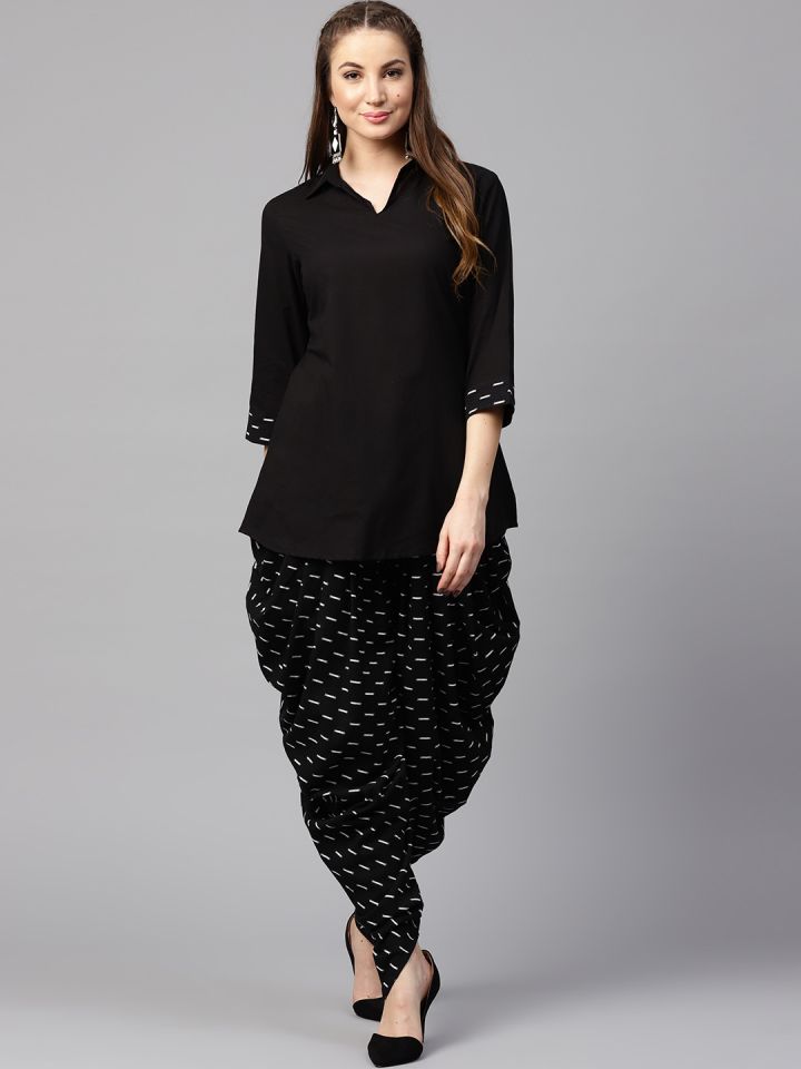 Women Black Solid Top With Dhoti Pants