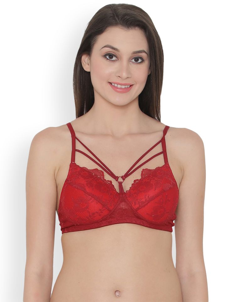 Buy Clovia Non-Padded Non-Wired Cage Bra & Low Waist Bikini Panty in Red -  Lace (Set of 2) Online
