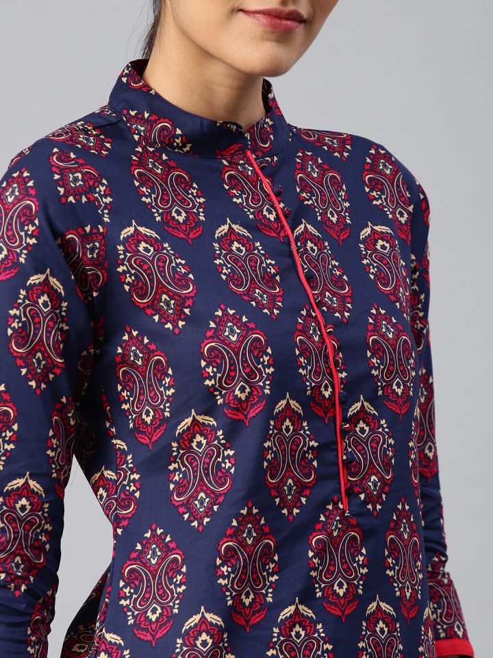 Virtue navy blue & red clearance printed kurti
