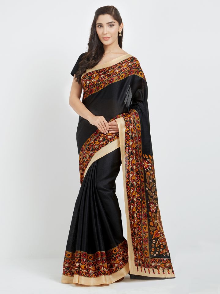 Silk Bazar Black Art Silk Solid Bhagalpuri Saree