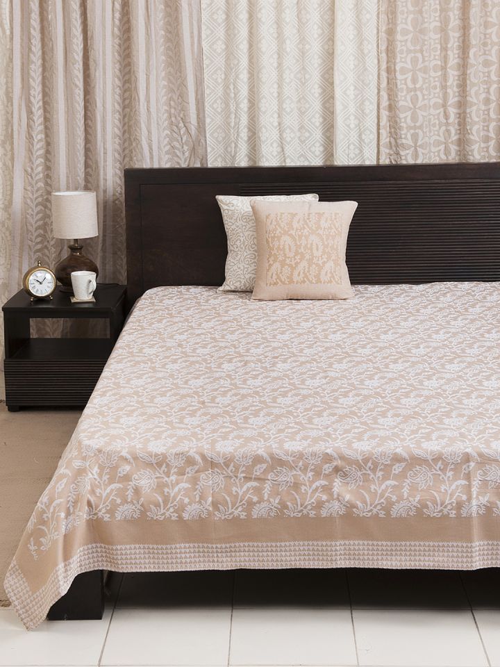 Buy Fabindia Beige White Woven Design Double Queen Size Bed