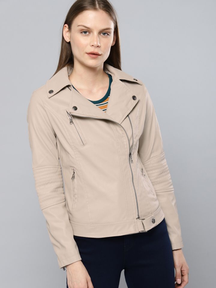 Chemistry Women Beige Solid Biker Jacket
