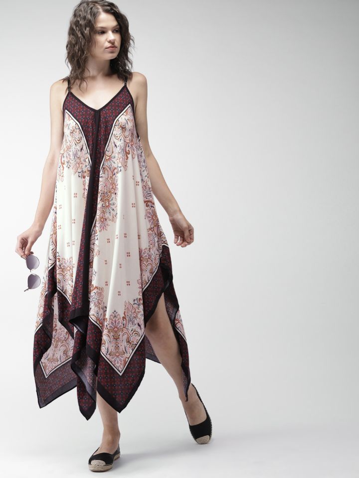 FOREVER 21 Women Off White Brown Printed A Line Asymmetric Dress