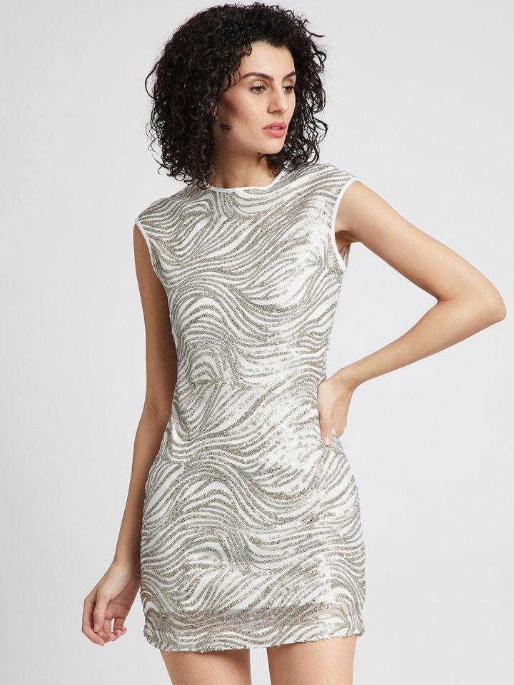 Buy Kazo Women White Silver Toned Embellished Sheath Dress