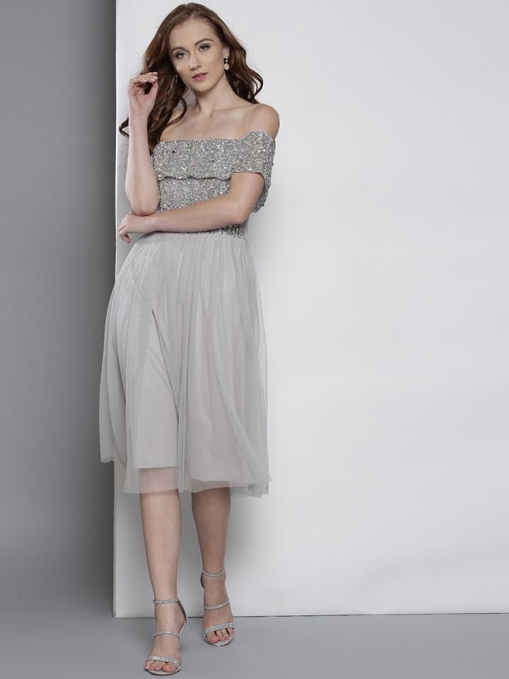 Buy DOROTHY PERKINS Women Grey Embellished Bardot Fit And Flare