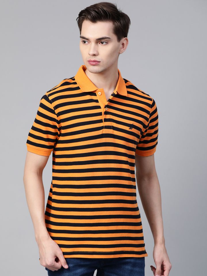 Nautica Men Orange Black Pure Cotton Slim Fit Striped Polo Collar Pure Cotton T shirt