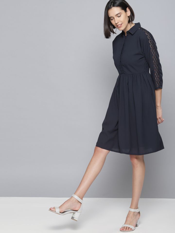Buy Tokyo Talkies Women Navy Blue Solid Fit And Flare Dress