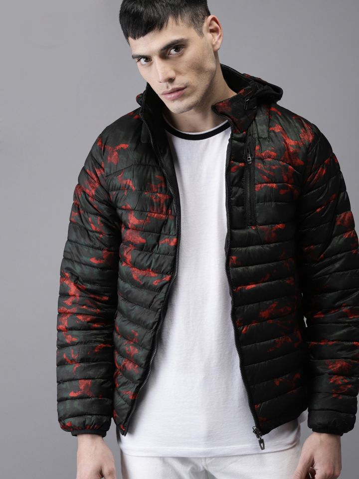 HERE NOW Men Red Black Printed Reversible Puffer Jacket