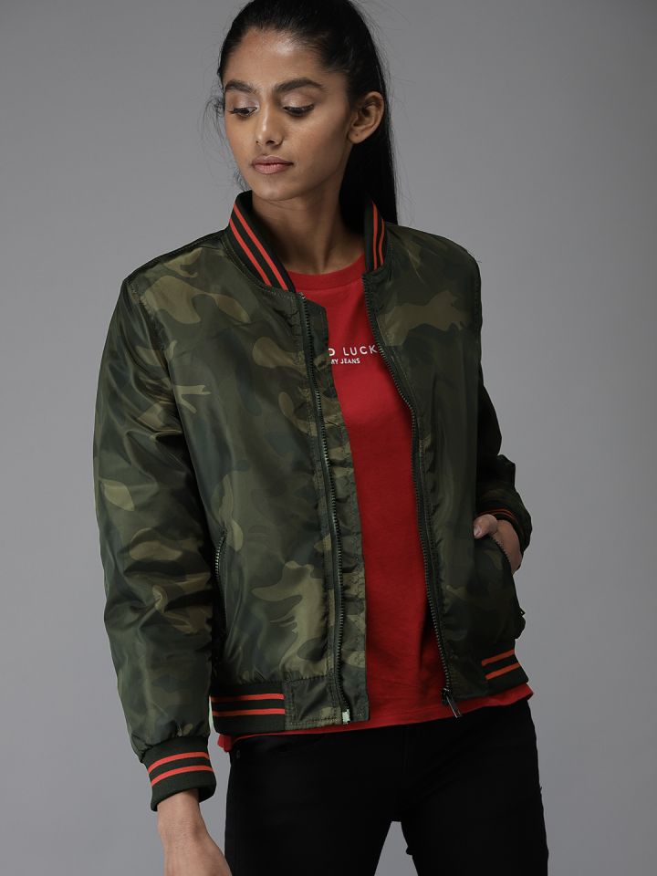Buy Moda Rapido Women Olive Green Black Printed Bomber Jacket
