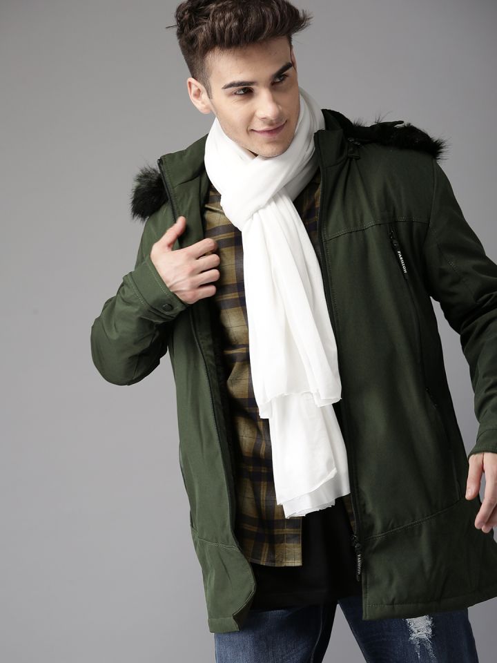 HERE NOW Men Olive Green Solid Parka