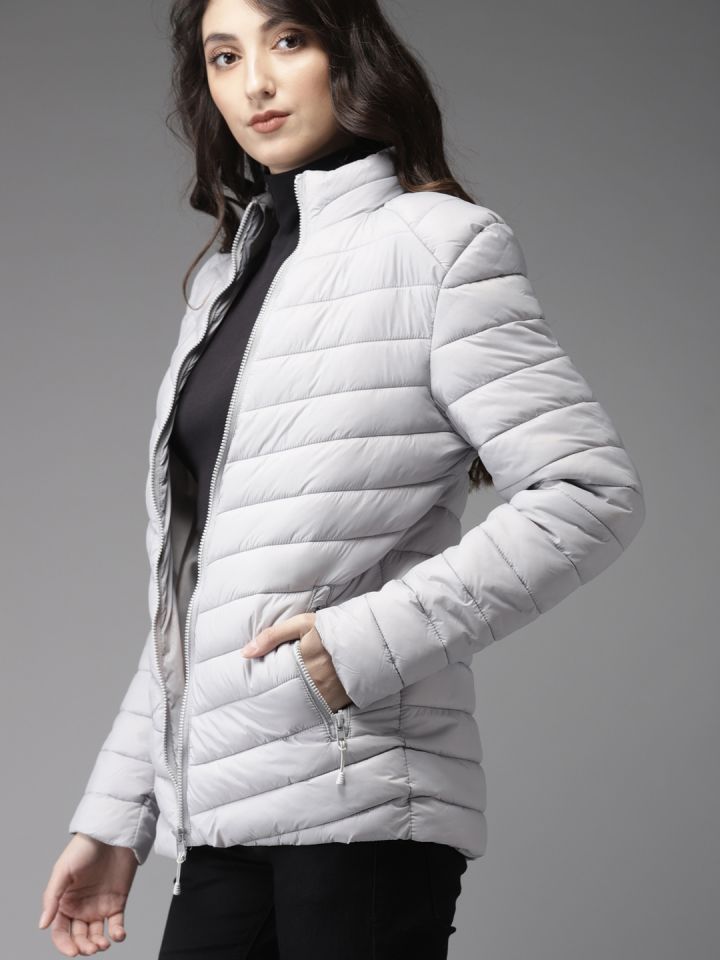 Women's Puffer Padded Jacket Grey Colour Block North Face Inspired –