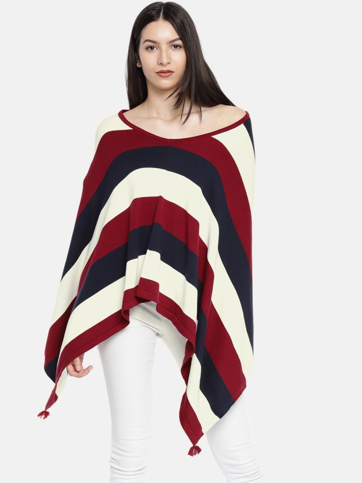 Buy Akiva Women Red Off White Striped Poncho Sweaters for