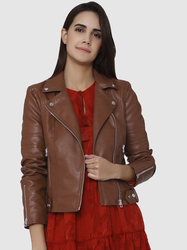 Buy Vero Moda Women Brown Solid Leather Biker Jacket Jackets for Women 6793360 Myntra