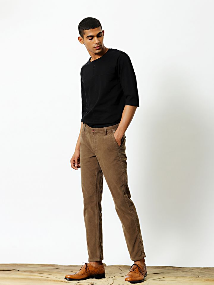 Charcoal Corduroy Chinos with White and Brown Low Top Sneakers