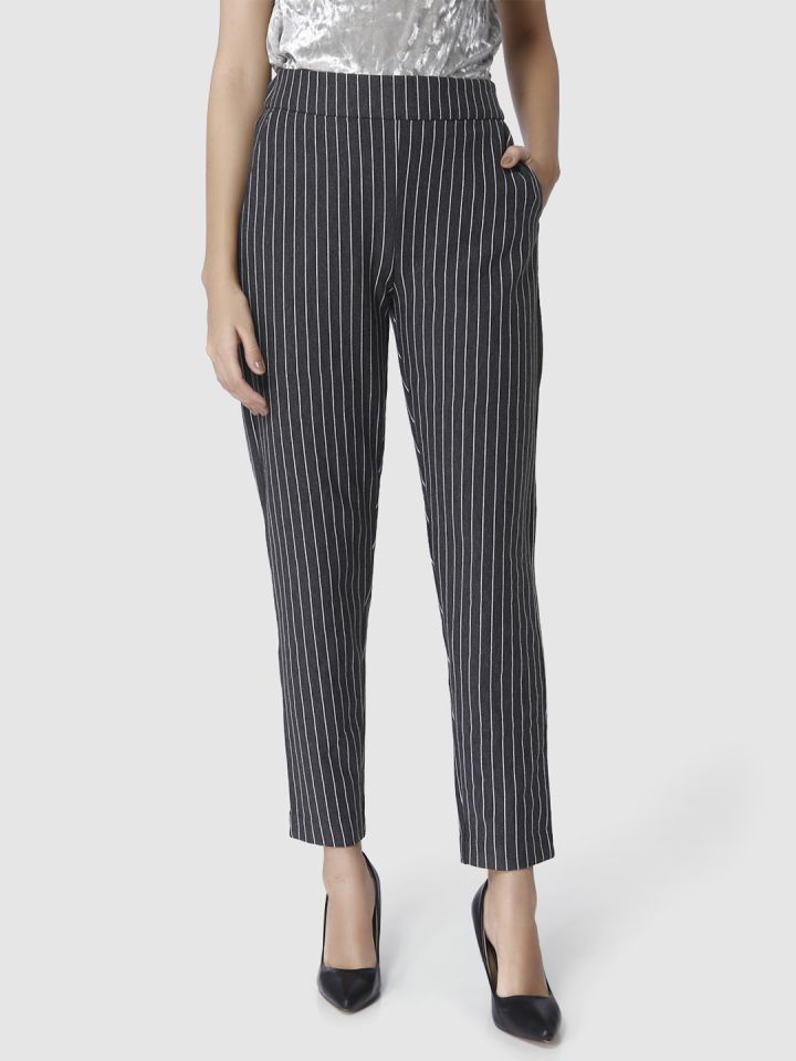 Buy Vishudh Grey and White Striped Straight Regular Trousers for Women  Online at Rs260  Ketch