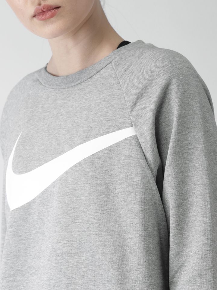 Nike Women Grey Loose Fit CREW DRY SWOOSH Solid Sweatshirt