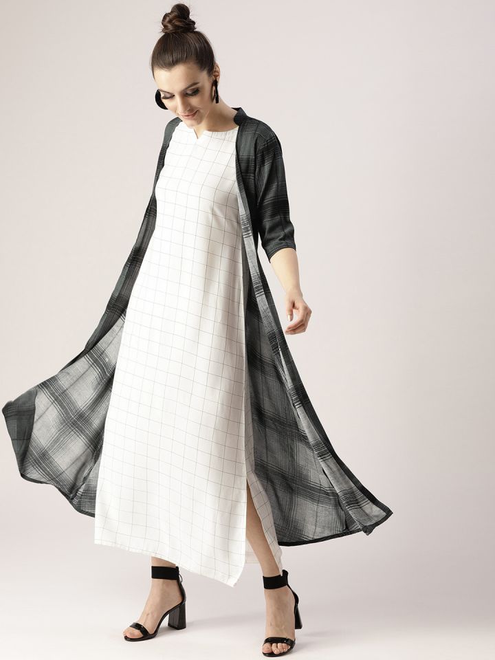 Libas Women White Charcoal Grey Checked Maxi Dress with Shrug