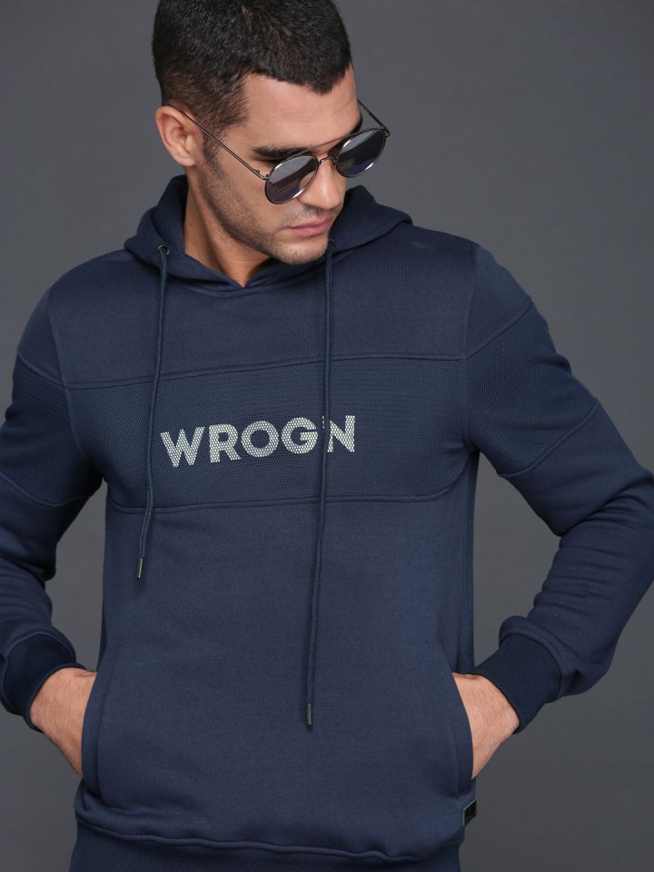 Buy WROGN Men Navy Blue Solid Hooded Pullover Sweatshirt