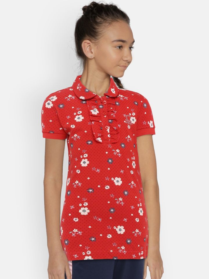 Buy United Colors Of Benetton Girls Red Floral Print Polo Collar T