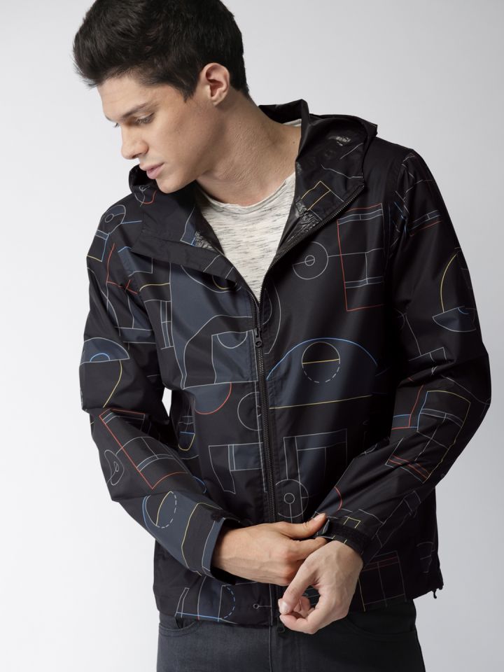Levis Men Black Printed Hooded Rain WINDBREAKER Jacket