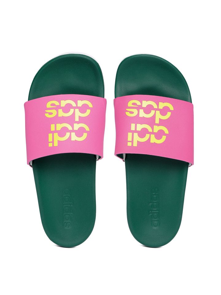 pink and green adidas slides