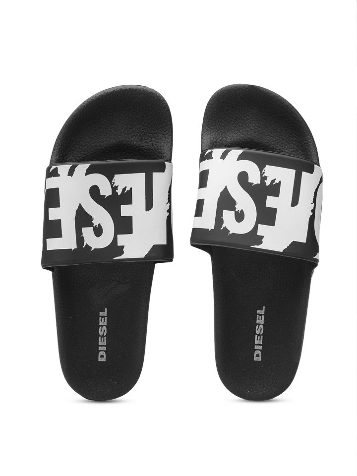 Buy DIESEL Men Black White Printed Sliders Flip Flops for Men