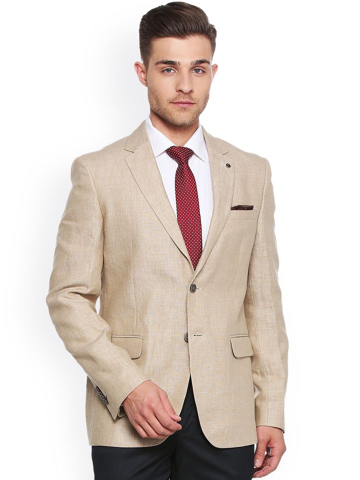 Van Heusen Men Beige Solid Single Breasted Linen Blazer